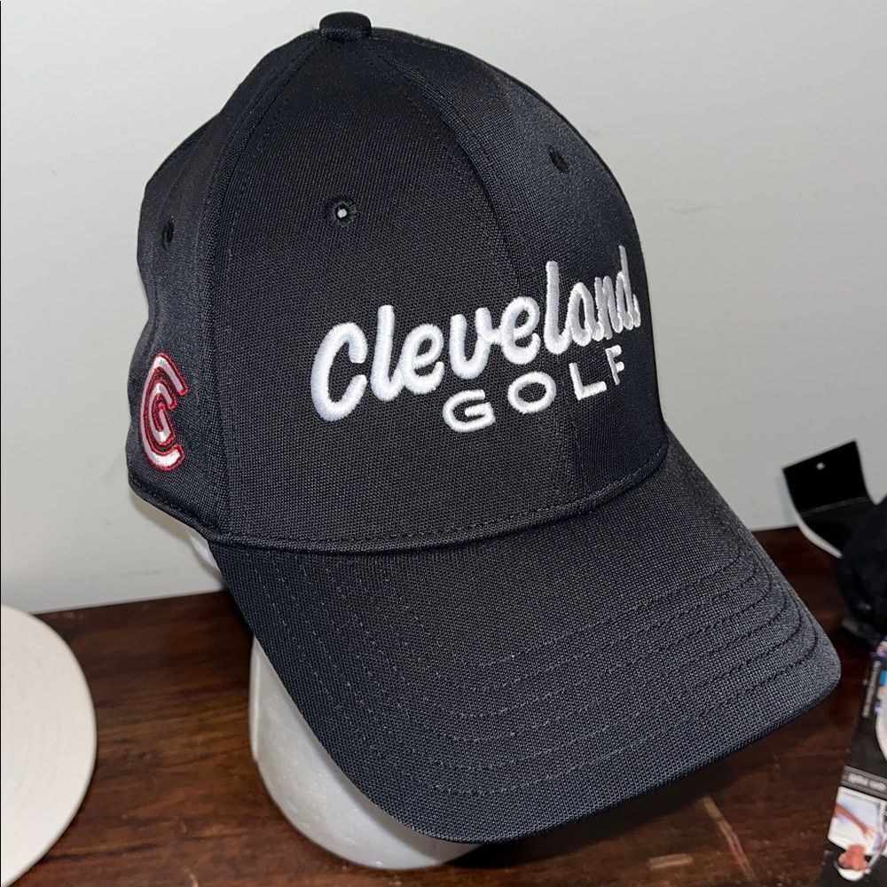 Cleveland Golf Black Script raised letter white baseball cap hat NWOT